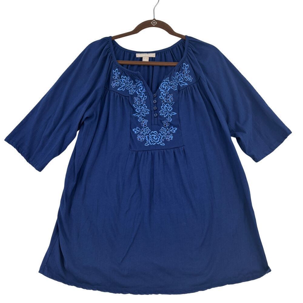 Woman Within Boho Embroidered Knit Top Size 14/16 Blue Elbow Sleeve Stretch